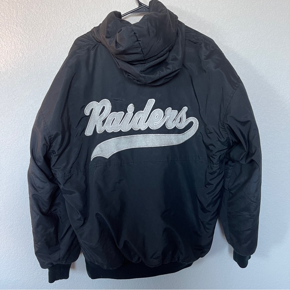 Vintage 90s Raiders Starter Jacket NFL Black Hooded Spellout Large 25x28